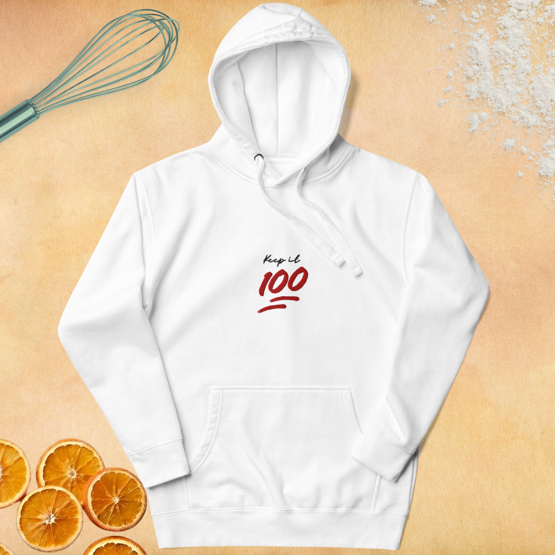 Keep it 100 Unisex Embroidered White Hoodie
