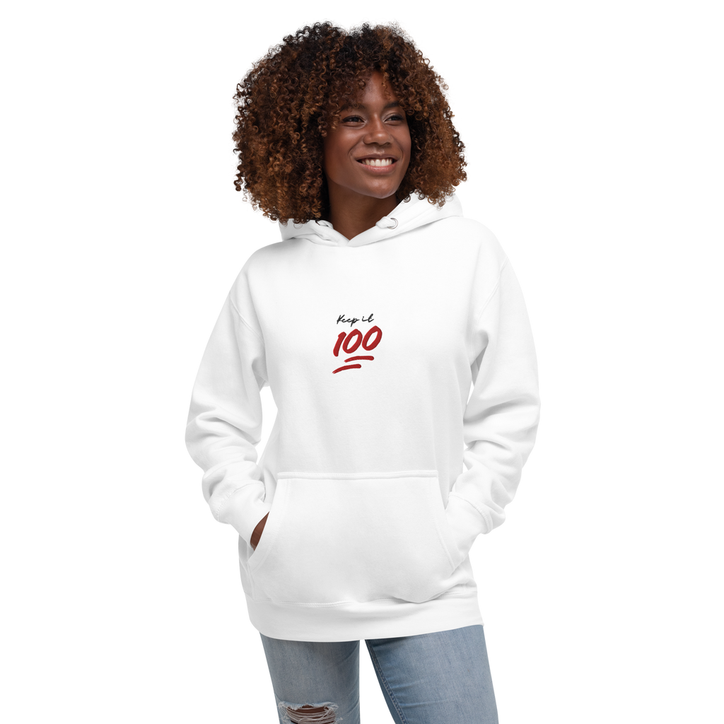 Keep it 100 Unisex Embroidered White Hoodie