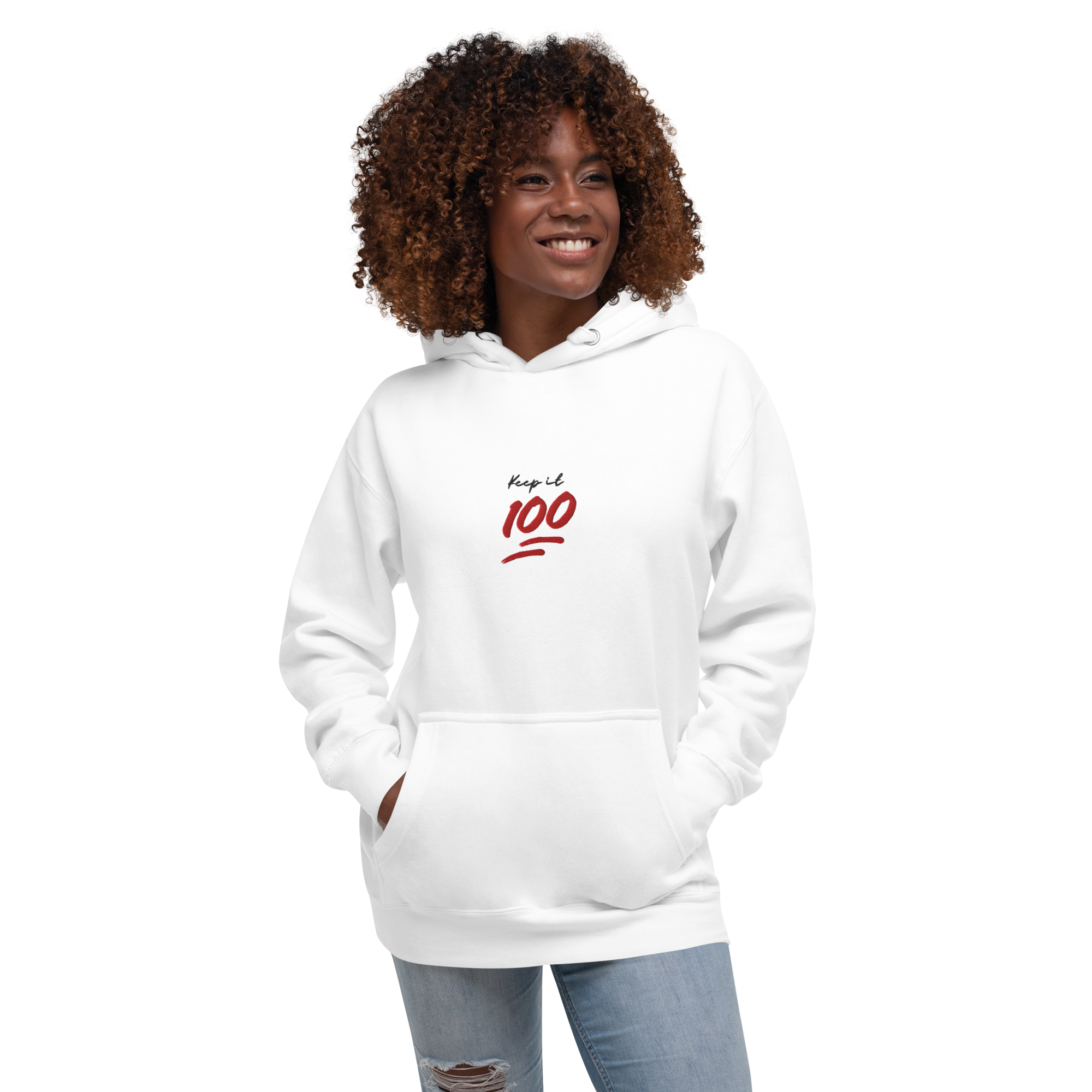 Keep it 100 Unisex Embroidered White Hoodie